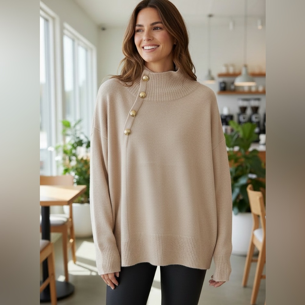 Halston Rose Neck Sweater with Gold Buttons